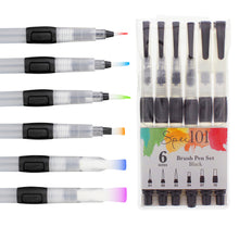 Load image into Gallery viewer, Color Brush Pens for Watercolors, 6pc Flat to Fine Tip Aqua Brush Pens

