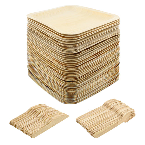 Palm Leaf Plates - 8IN Square Biodegradable Plates and Cutlery, 150pc