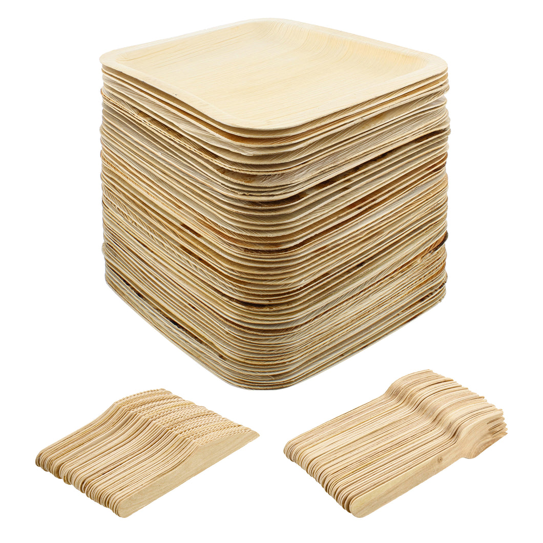 Palm Leaf Plates - 8IN Square Biodegradable Plates and Cutlery, 150pc