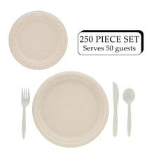 Load image into Gallery viewer, Disposable Dinnerware Set 250pc Beige Sugarcane Plates and Utensils
