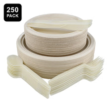 Load image into Gallery viewer, Disposable Dinnerware Set 250pc Beige Sugarcane Plates and Utensils
