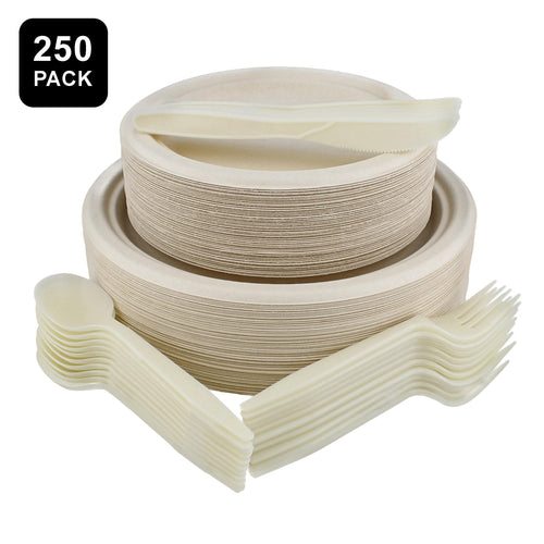 Disposable Dinnerware Set 250pc Beige Sugarcane Plates and Utensils