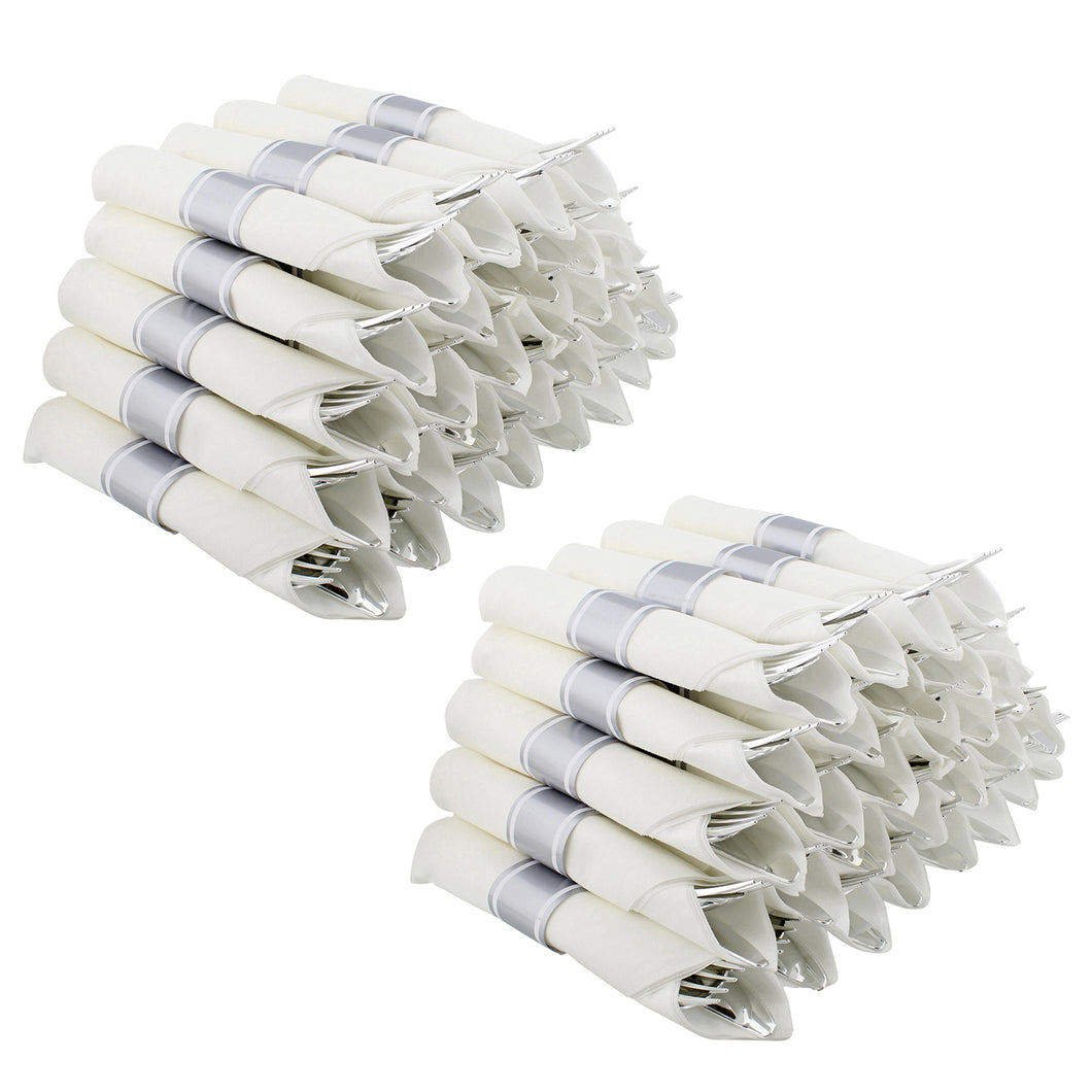 Pre-Rolled Plastic Cutlery - 100ct Silver Disposable Utensil Set