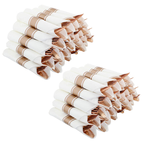 Rose Gold Utensils Set Disposable for Weddings - 60pk Silverware Rolls